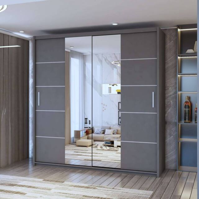 Sliding Wardrobes 4U Eden Double Mirror Sliding Door Wardrobe 150cm X 217cm in Grey - Size: 150 cm X 217 cm - image 1
