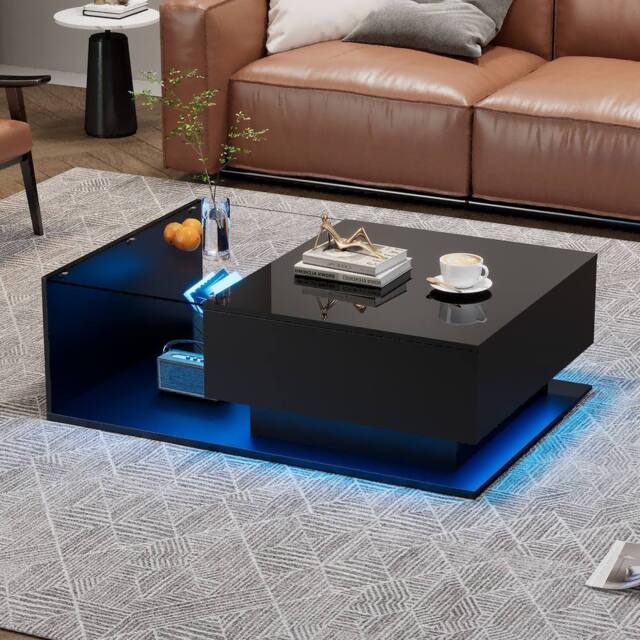 Merax High Gloss LED Coffee Table, Sofa Table with Glass Shelf & Drawer in Black - image 1