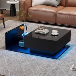 Merax High Gloss LED Coffee Table, Sofa Table with Glass Shelf & Drawer in Black