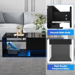 Merax High Gloss LED Coffee Table, Sofa Table with Glass Shelf & Drawer in Black - thumbnail 5
