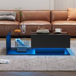 Merax High Gloss LED Coffee Table, Sofa Table with Glass Shelf & Drawer in Black - thumbnail 3
