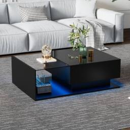 Merax High Gloss LED Coffee Table, Sofa Table with Glass Shelf & Drawer in Black - thumbnail 2