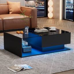 Merax High Gloss LED Coffee Table, Sofa Table with Glass Shelf & Drawer in Black - thumbnail 4