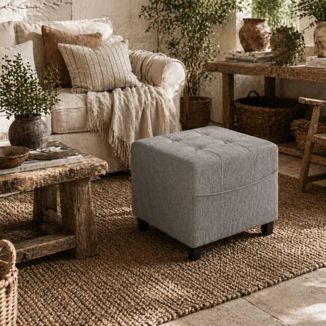 Wyld Haus Light Grey Linen Look Compact Square Footstool Side Pocket Black Legs - image 1