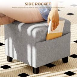 Wyld Haus Light Grey Linen Look Compact Square Footstool Side Pocket Black Legs - thumbnail 5