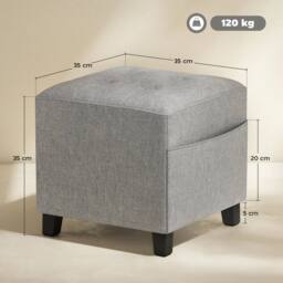 Wyld Haus Light Grey Linen Look Compact Square Footstool Side Pocket Black Legs - thumbnail 3