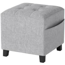 Wyld Haus Light Grey Linen Look Compact Square Footstool Side Pocket Black Legs - thumbnail 2