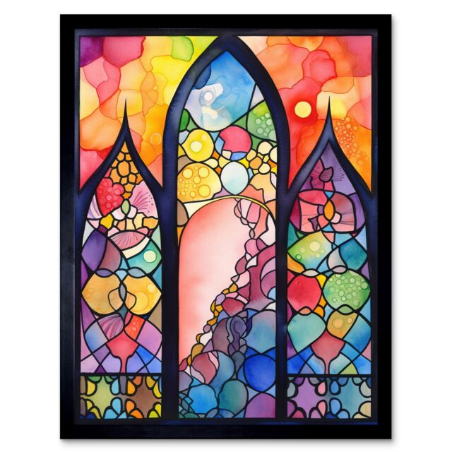 "Artery8 Wall Art Print Stained Glass Window Folk Art Abstract Art Framed in Black - Size: W12"" x H16""" - image 1