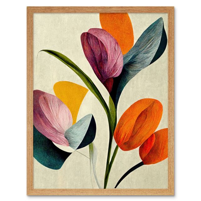 "Artery8 Wall Art Print Spring Flowers Floral Bouquet Bold Abstract Boho Coral Mustard Art Framed in Light Oak - Size: W12"" x H16""" - image 1