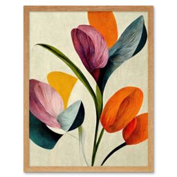 "Artery8 Wall Art Print Spring Flowers Floral Bouquet Bold Abstract Boho Coral Mustard Art Framed in Light Oak - Size: W12"" x H16""" - thumbnail 1