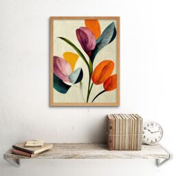 "Artery8 Wall Art Print Spring Flowers Floral Bouquet Bold Abstract Boho Coral Mustard Art Framed in Light Oak - Size: W12"" x H16""" - thumbnail 2