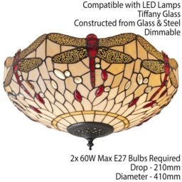 Loops Tiffany Glass Semi Flush Ceiling Light Dragonfly Round Inverted Shade i00043 in Clear - thumbnail 2
