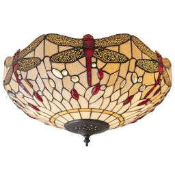Loops Tiffany Glass Semi Flush Ceiling Light Dragonfly Round Inverted Shade i00043 in Clear