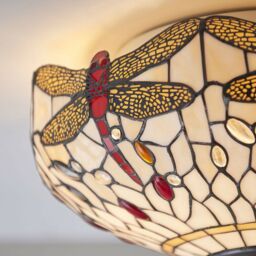 Loops Tiffany Glass Semi Flush Ceiling Light Dragonfly Round Inverted Shade i00043 in Clear - thumbnail 4