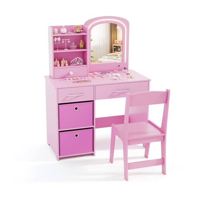 CASART Kids Vanity Setwith Lighted Mirror Princess Makeup Desk and Chair in Pink - image 1