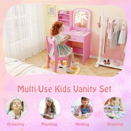 CASART Kids Vanity Setwith Lighted Mirror Princess Makeup Desk and Chair in Pink - thumbnail 7