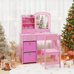 CASART Kids Vanity Setwith Lighted Mirror Princess Makeup Desk and Chair in Pink - thumbnail 3
