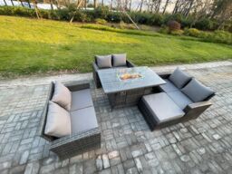 Fimous Outdoor Garden Dining Sets 7 Seater Rattan Patio Furniture Sofa Set with Gas Firepit Table Double Seat Sofa Big Footstool in Dark Grey - thumbnail 2