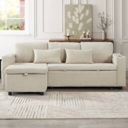 BTM Beige 3-in-1 L-Shaped Corduroy Sofa Bed with Storage & Charging - Size: A - thumbnail 6