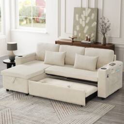 BTM Beige 3-in-1 L-Shaped Corduroy Sofa Bed with Storage & Charging - Size: A - thumbnail 8