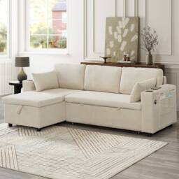 BTM Beige 3-in-1 L-Shaped Corduroy Sofa Bed with Storage & Charging - Size: A - thumbnail 7