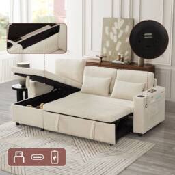 BTM Beige 3-in-1 L-Shaped Corduroy Sofa Bed with Storage & Charging - Size: A - thumbnail 3