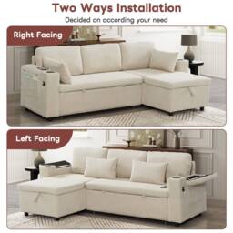 BTM Beige 3-in-1 L-Shaped Corduroy Sofa Bed with Storage & Charging - Size: A - thumbnail 2