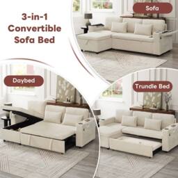 BTM Beige 3-in-1 L-Shaped Corduroy Sofa Bed with Storage & Charging - Size: A - thumbnail 9