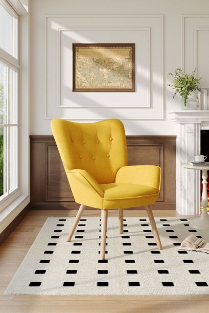 Living and Home Buttoned Linen Armchair with Wooden Legs in Yellow