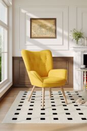 Living and Home Buttoned Linen Armchair with Wooden Legs in Yellow