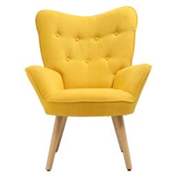 Living and Home Buttoned Linen Armchair with Wooden Legs in Yellow - thumbnail 3