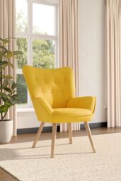 Living and Home Buttoned Linen Armchair with Wooden Legs in Yellow - thumbnail 2