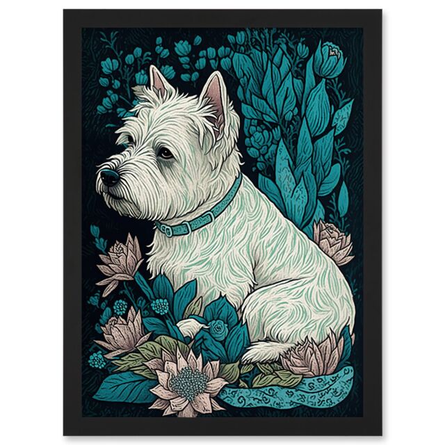 Artery8 West Highland White Terrier Sitting in Flower Field Modern Dark Illustration Artwork Framed Wall Art Print A4 in Black - image 1