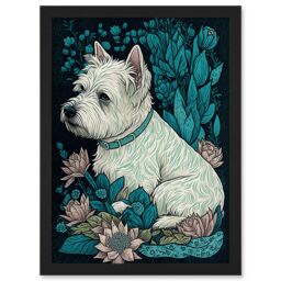 Artery8 West Highland White Terrier Sitting in Flower Field Modern Dark Illustration Artwork Framed Wall Art Print A4 in Black - thumbnail 1