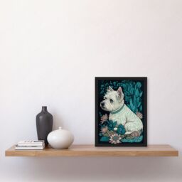 Artery8 West Highland White Terrier Sitting in Flower Field Modern Dark Illustration Artwork Framed Wall Art Print A4 in Black - thumbnail 2