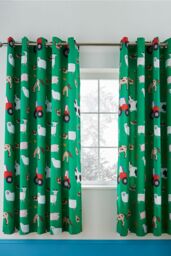 Catherine Lansfield 'Farmyard Animal' Eyelet Curtains in Green - Size: 168 cm width x 183 cm drop - thumbnail 1