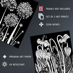 Artery8 Set of 3 Elegant Allium & Arisaema Flowers Artwork Paintings White on Black Unframed Wall Art Living Room Poster Prints Pack - Size: A4 - thumbnail 4