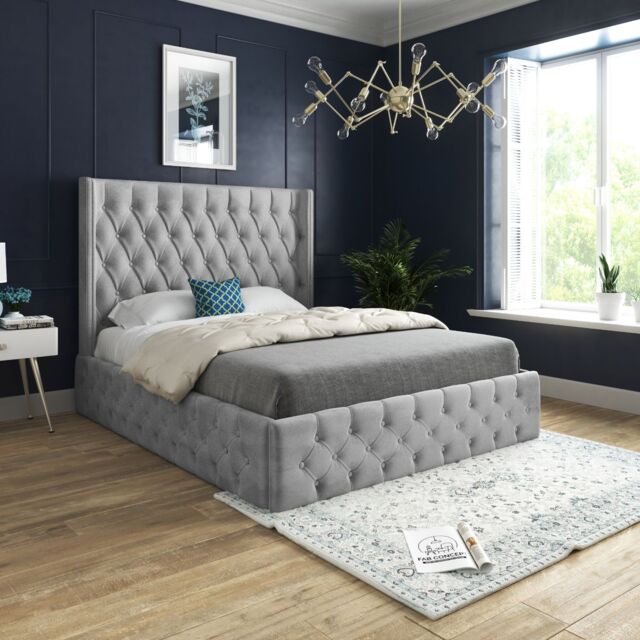 KDMD Turin Straight Winged Upholstered Soft Velvet Grey Bed Frame - Size: Single - image 1