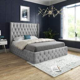 KDMD Turin Straight Winged Upholstered Soft Velvet Grey Bed Frame - Size: Single - thumbnail 1