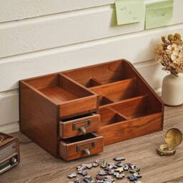 VOGREX Vintage Wooden Desktop Makeup Storage Box in Brown - thumbnail 2