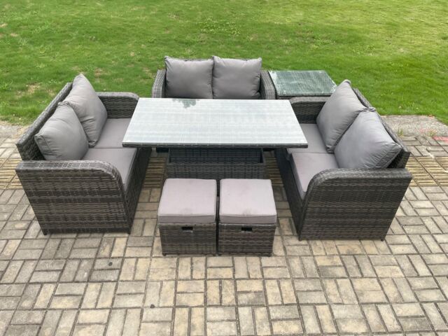 Fimous Rattan Garden Outdoor Furniture 3 PC Love Sofa Set Patio Adjustable Rising lifting Dining Table With Side Table 2 Small Footstools in Dark Grey - image 1