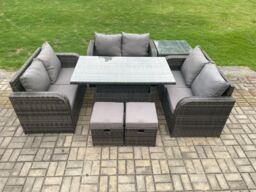 Fimous Rattan Garden Outdoor Furniture 3 PC Love Sofa Set Patio Adjustable Rising lifting Dining Table With Side Table 2 Small Footstools in Dark Grey - thumbnail 1