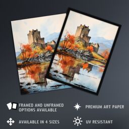 Artery8 Eilean Donan Castle Scotland Watercolour Painting Misty Morning Autumn Sunlight Unframed Wall Art Print Poster Home Decor Premium - thumbnail 2