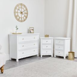 Melody Maison Large Scalloped 3 Drawer Chest Of Drawers & Pair Of Bedside Tables - Staunton White Range in Taupe - thumbnail 5