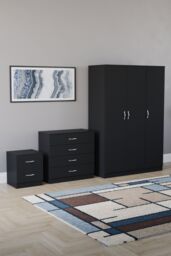 Home Discount Vida Designs Riano 3Pc Bedroom Set - 2 Drawer Bedside, 3 Door Wardrobe in Black - thumbnail 1