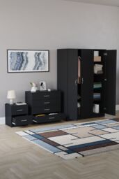 Home Discount Vida Designs Riano 3Pc Bedroom Set - 2 Drawer Bedside, 3 Door Wardrobe in Black - thumbnail 2