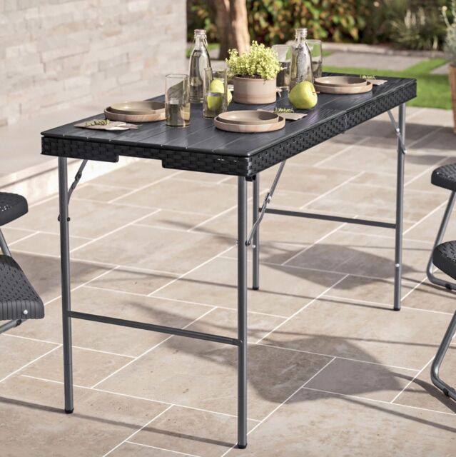 EONLION 4ft Black Rattan Design Folding Table Outdoor Portable Carry Handle Garden Patio - image 1