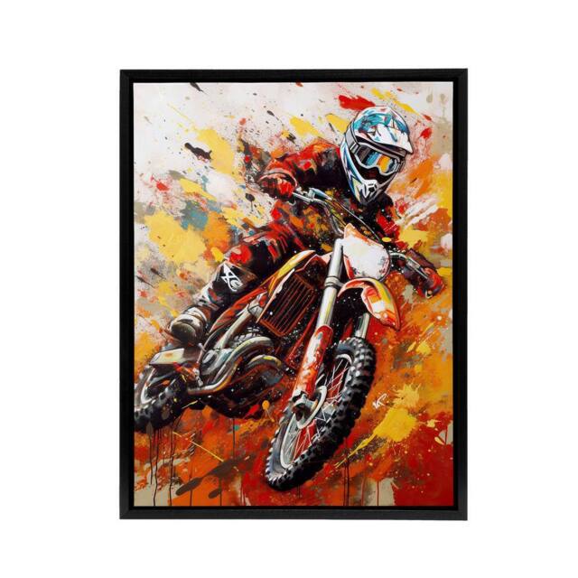 "Artery8 Motocross Race Motorcycle Sport Oil Framed Canvas Wall Art Print in Orange - Size: W12"" x H16""" - image 1