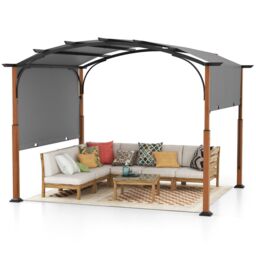 Gymax 300x360cm Retractable Pergola Arched Pergola Outdoor Metal Gazebo in Grey - Size: 300x360 cm - thumbnail 1