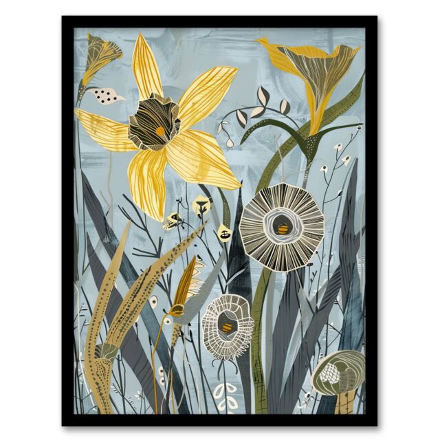"Artery8 Abstract Daffodils Bloom Rustic Artwork Spring Framed Art Print in Blue - Size: W12"" x H16""" - image 1